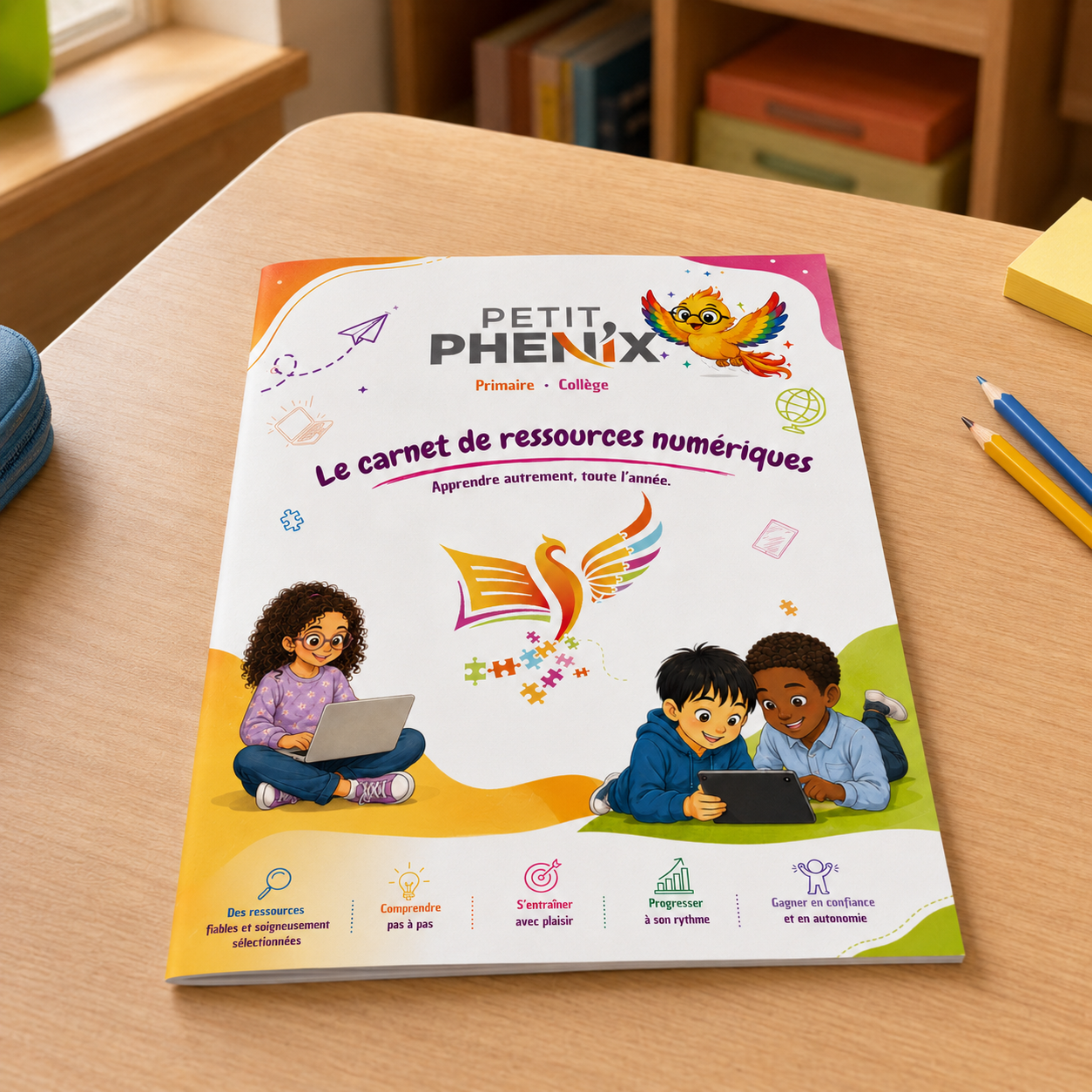 Le carnet de ressources numériques Petit Phénix photographié à plat sur un bureau