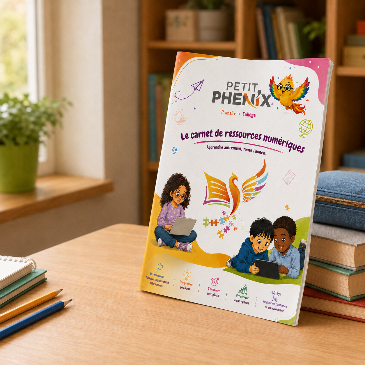 Le carnet de ressources numériques Petit Phénix présenté debout sur un bureau