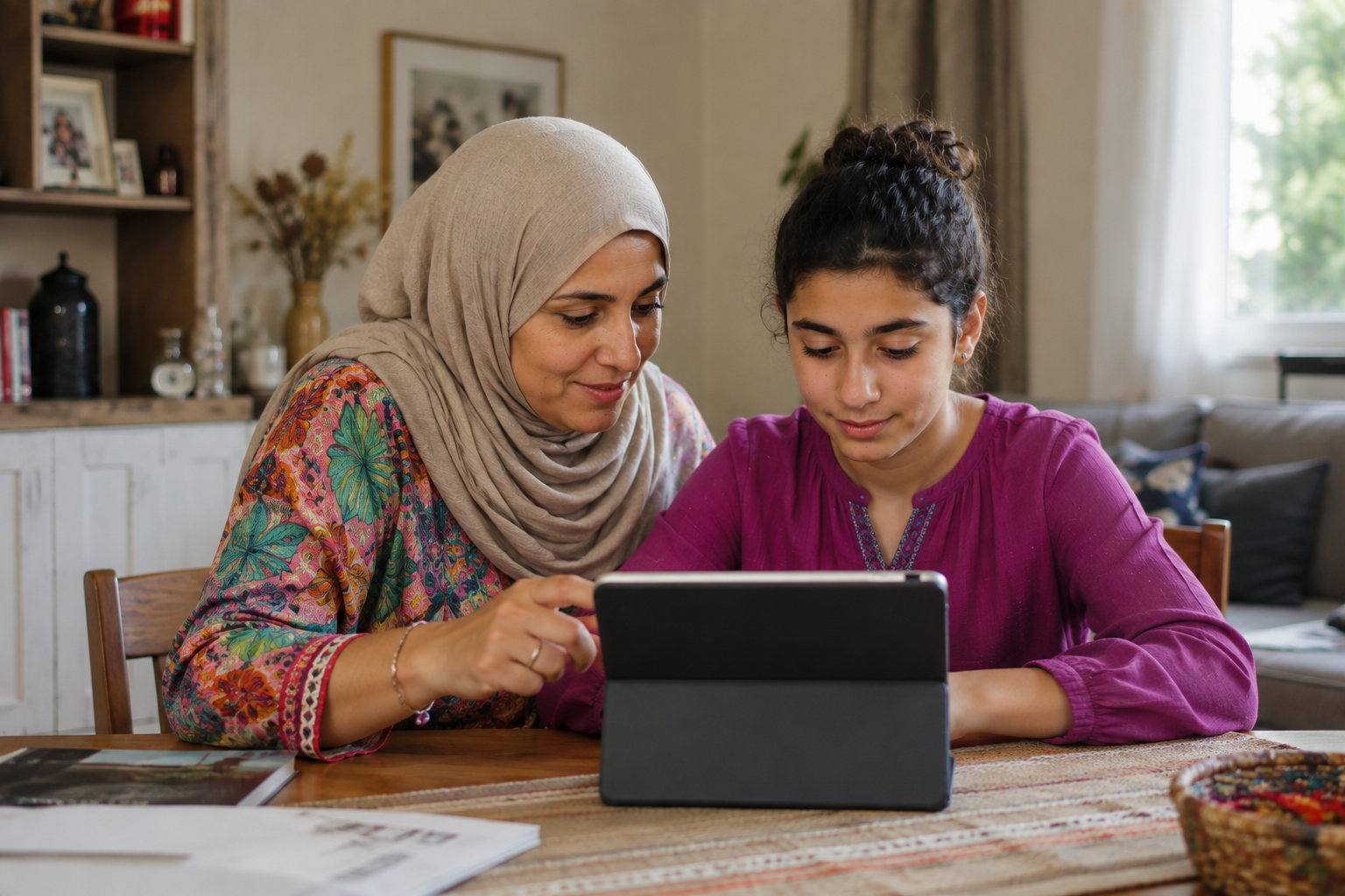 Une maman voilée accompagne sa fille lors d’une activité pédagogique sur tablette