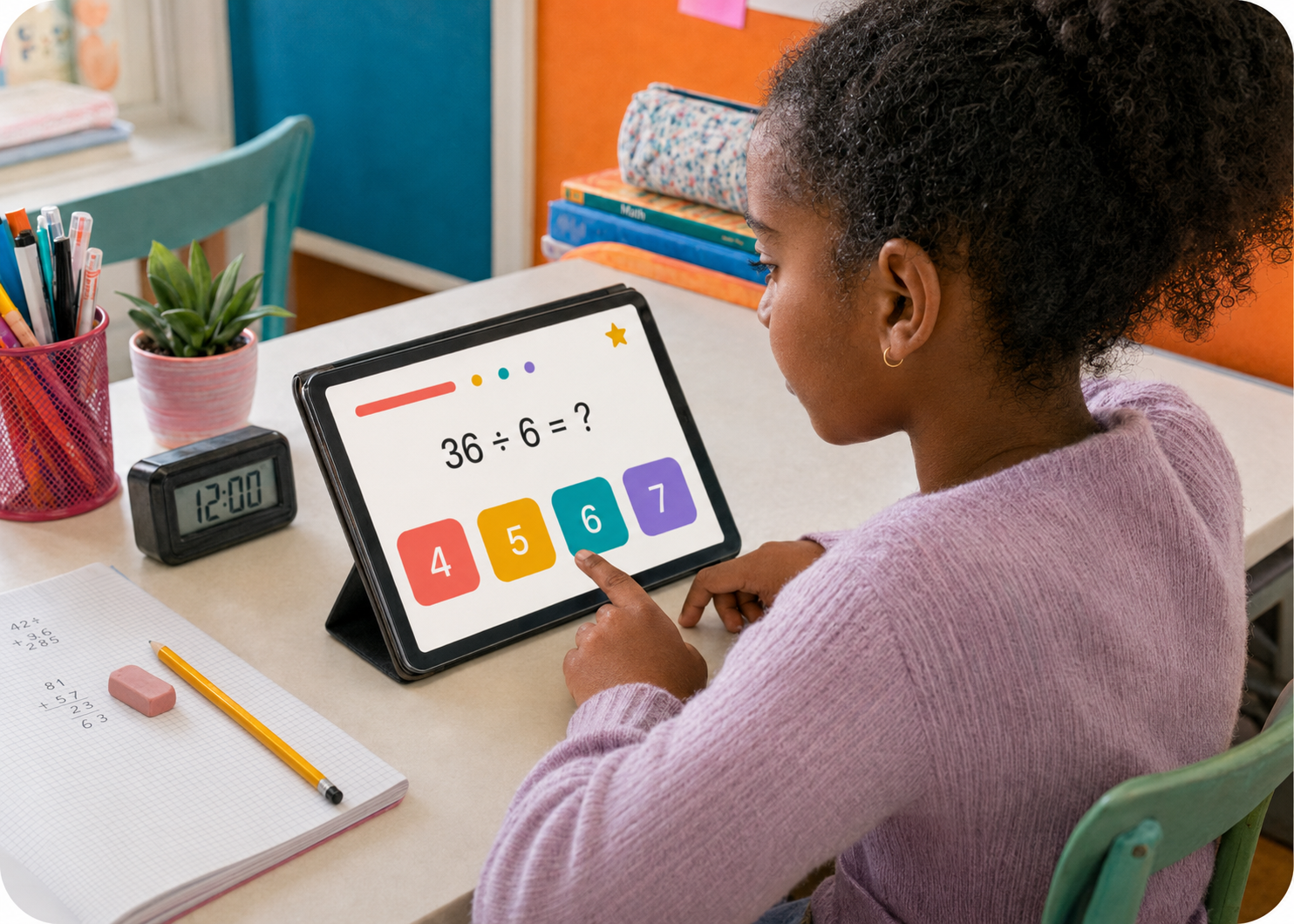 Une élève s’entraîne sur une division avec une tablette et un minuteur